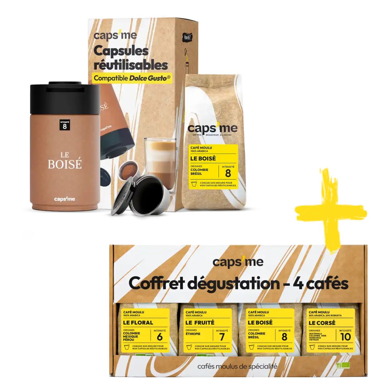 capsme premium case for Dolce Gusto® with reusable capsules and 4-coffee specialty tasting box.webp